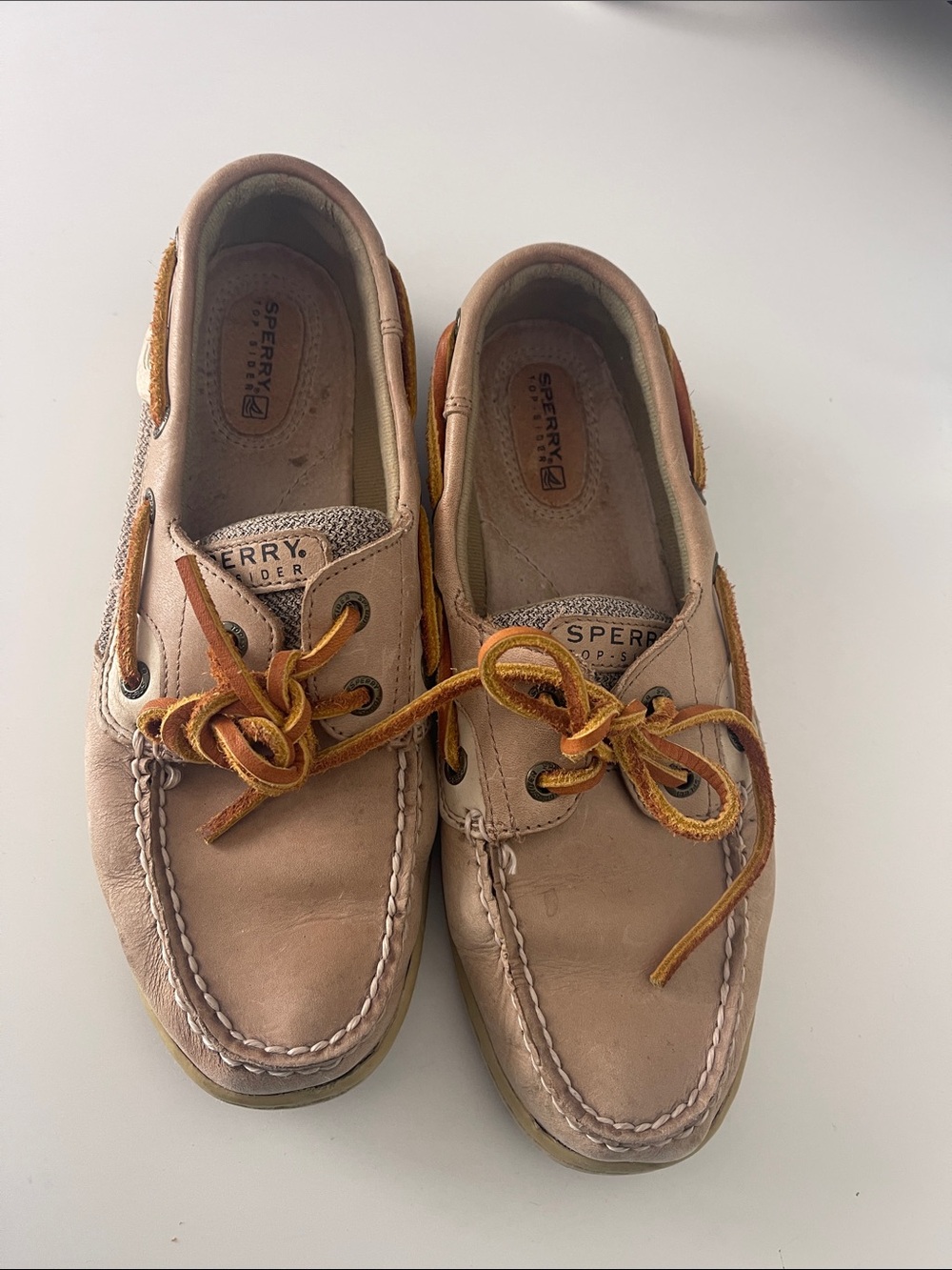 Sperry Taupe Boat Shoes with Brown Laces